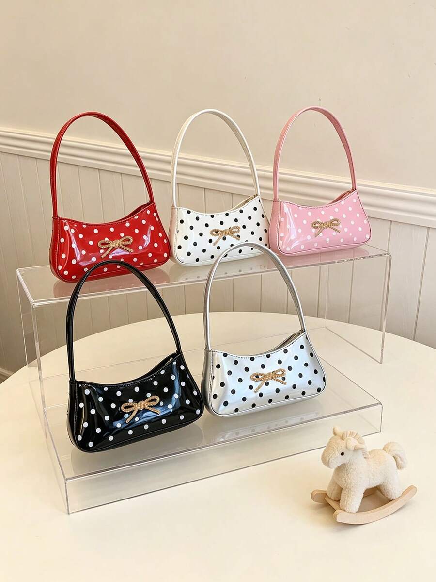 Girls Sweet Polka Dot Underarm Bag, Bow Decor Handheld Small Bag, Versatile One Shoulder Baguette Bag, Outfit Accessory - A - View 1