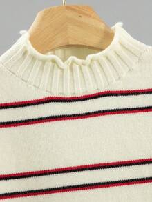 BYGOUBY Fashion Fall Winter Women Striped Pattern Ruffle Mock Neck Drop Shoulder Sweater Long Sleeve Knit Pullover Top Outwear Soft Cozy - Apricot - View 10