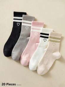 6/10/20/30pcs Women's Fashion Personalized Mid-Calf Socks - Solid Color, Striped And Heart Pattern Design, Soft Comfortable, Breathable Casual, Suitable For Daily Wear. 1 Pair - Multicolor - View 8