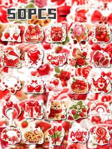 50Pcs PP Strawberry Love Garden Stickers, Romantic Strawberry Garden Style, Including Strawberries, Love Letters, Red Roses, Desserts Elements, For Journal Collage, Water Bottle, Luggage, Skateboard, Tablet, Notebook, Storage Box, DIY Craft Decor - Multicolor - View 8