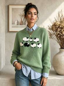 Third Introversion-Women's Fresh Matcha Green Round-Neck Sweater For Fall/Winter, Featuring A Cute Lamb Jacquard Pattern-Soft, Adorable, And Youthful - Green - View 8