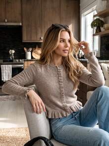 Soft Frill Trim Knitted Cardigan, Round Neck Slim Fit Short Length With Small Gold Buttons And Frill Trim, Flattering Women's Long Sleeve Jacket For Daily Commute, Afternoon Tea Date, Shopping, And Office Wear - Khaki - View 7