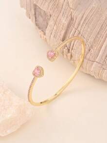 Stainless Steel 18K Gold Diamond Heart-Shaped Bracelet Set, 14K Gold Cubic Zirconia Open Bangle, Fashionable Women's Daily Wear, Holiday Gift - Gold - View 4