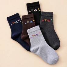5 pares de calcetines de media caña para mujer, con patrón floral bordado, estilo artístico vintage, unicolor acanalado, estilo Mori dulce, versátil casual, calcetines para uso diario en otoño/invierno, múltiples colores disponibles - Multicolor - Ver 6