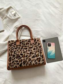 Tas Tangan Wanita Motif Leopard Berbahan Plush dengan Pegangan dan Detail Jahitan, Tas Tote Vintage Kapasitas Besar untuk Belanja Sehari-hari di Musim Gugur/Dingin - Coklat - View 7
