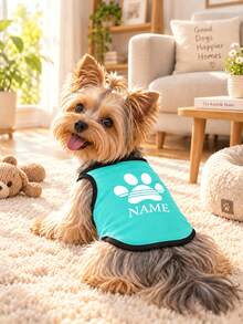 Customized Name Dog Vest, Classic Paw Print Style, 8 Colors Available, Breathable Sleeveless Pet Clothing For Small And Medium Dogs, Suitable For Daily Wear / Birthday / Halloween / Christmas - Mint Green - View 4
