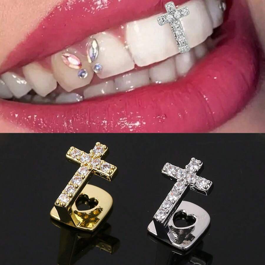 Single Cross Copper Zirconia Hip Hop Teeth Grills Dental Decoration Tooth Jewelry