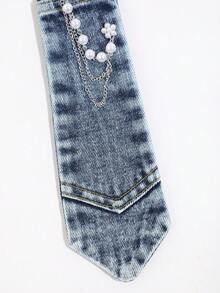 1PC Unisex Fashion Versatile Dly Denim Style Detachable Faux Pearl Snowflake Chain Decor No-Tie Denim Necktie Suitable For Daily Wear, Shopping, School, Party - Blue - View 5