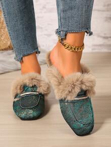 2026 New Women's Fringed Mule Shoes, Green Metallic Jacquard Fabric, Rhinestone Decor Strap, Faux Fur Lining, Warm And Foot-Protecting, Suitable For Home, Daily Casual And Street Wear - Dark Green - View 5