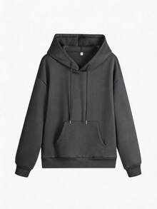 Áo nỉ chui đầu unisex dáng rộng phối đa năng, lót lông cừu ấm, tay dài, có túi và dây rút - Màu xám đen - Xem 3