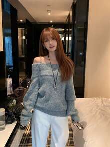 [Y6Y]Women's Off-Shoulder Sweater, Loose Minimalist Sexy Slouchy Knit Top For Autumn - Grey - View 2