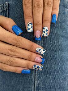 10pcs/Set Y2K Nails Handmade, Cute Nails, Blue Nails, Blue Leopard Nails & Cat Eye Nails, French Tip Nails, Perfect For Parties & Daily Wear. Short Square Nails. Handmade Press On Nails Square, Fake Nails, Acrylic Nails, Handmade Nails, Fall Nails - Multicolor - View 4