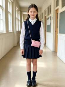 Girls Sweet Heart Metal Decor Shoulder Bag V-Quilted Mini Crossbody Bag Gold Chain Coin Purse Kids Outing Accessory Bag - A - View 5