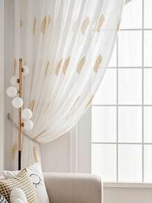 1PC Rod Pocket Gold & White Leaf Embroidered Sheer Curtain, Luxury Leaf Pattern, Soft Light Diffusing White Floor-Length Sheer Curtain For Cozy Wooden Kids Room - Multicolor - View 8