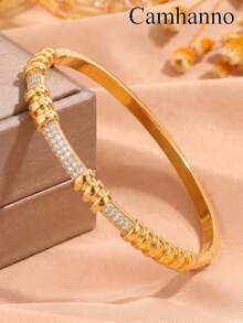 Camhanno 3/1pc Copper Material, Gold Inlaid Diamond Bracelet, Women's Light Luxury Bamboo Knot Twisted Pattern Design, High-End Feeling, Layered Bracelet - Gold - View 16