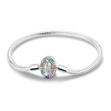 1Pc Silver Color Snake Chain Bracelet With Oval Figure Pattern Multicolor CZ Large Hole Charms For Women Diy Bead Pendant Jewelry Gift Daily Wear - Silver - View 7
