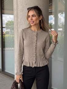 Soft Frill Trim Knitted Cardigan, Round Neck Slim Fit Short Length With Small Gold Buttons And Frill Trim, Flattering Women's Long Sleeve Jacket For Daily Commute, Afternoon Tea Date, Shopping, And Office Wear - Khaki - View 4