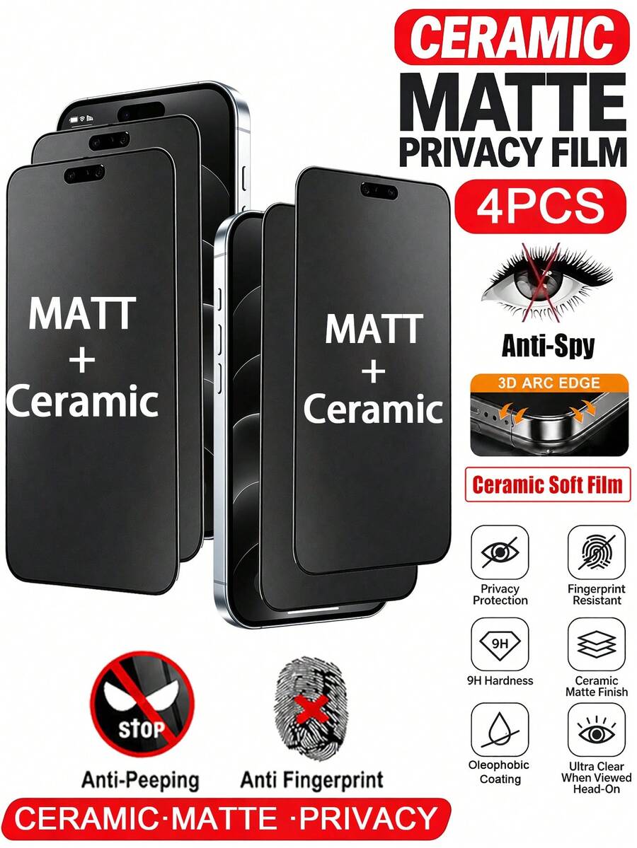 4pcs Matte Frosted Ceramic Privacy Screen Protector, Soft TPU Base + Ceramic Frosted Layer, Anti-Peeping Privacy Protection, Anti-Glare Reduced Reflection. Anti-Scratch, High Flexibility, Resistant To Cracking Under Drop Or Bending, Fine Matte Frosted Texture, Eliminates Mirror Reflection, Inhibits Fingerprints. Excellent Stretchability, Fits Screen Curvature, Easy Application, Reduces Bubbles, Suitable For Phone Cases - Black - View 1