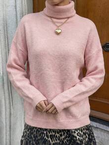 Pull oversize en maille rose clair à col roulé pour femme, épaules tombantes, manches longues, coupe ample, style décontracté - Rose bonbon - Voir 7