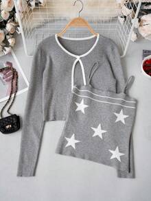 Korean Style Premium Grey Knit Cardigan + Star Print Spaghetti Strap Top Set, Women's Autumn/Winter Hot Girl Style Short Fitted Camisole 2 Pieces Set - Gray - View 8