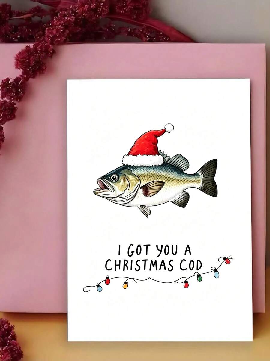 I Got You A Christmas Cod Pun Greeting Card, Funny Fish Wearing Santa Hat Xmas Card, Humor Sea Animal Holiday Card, Christmas Pun Gift Card For Fisherman - One Size Fits All - View 1