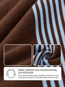 Women's Contrast Color Striped Long Sleeve Sweater , 2026 Round Neck Mid-Short Knit Sweater, French Street Style Autumn Daily Coffee Shop Fall - Brown - View 8