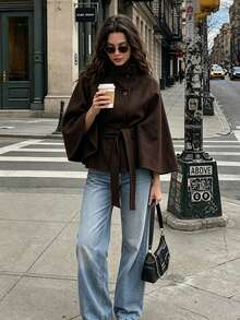 Women's Elegant Vintage Solid Color Fashion Commute Date Tea Party Slim Fit Tie-Up Bell Sleeve Cape Shawl Overcoat - Coffee Brown - View 3