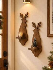 1pc/1set Christmas Deer Wall Candlestick Retro Dark Brown Wall Mounted Storage Rack Party Background Decoration Candlestick Holiday Hanging Storage Rack Home Decoration Suitable For Bedroom Entrances Living Room Fireplace Wall Gifts - Multicolor B - View 3