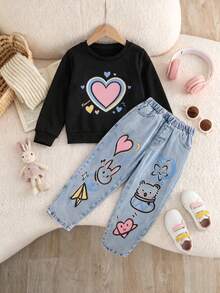 Girls' Heart Print Long Sleeve Sweatshirt & Cartoon Graffiti Denim Elastic Waist Pants Set, Sweet Cool Casual Versatile - Multicolor - View 1