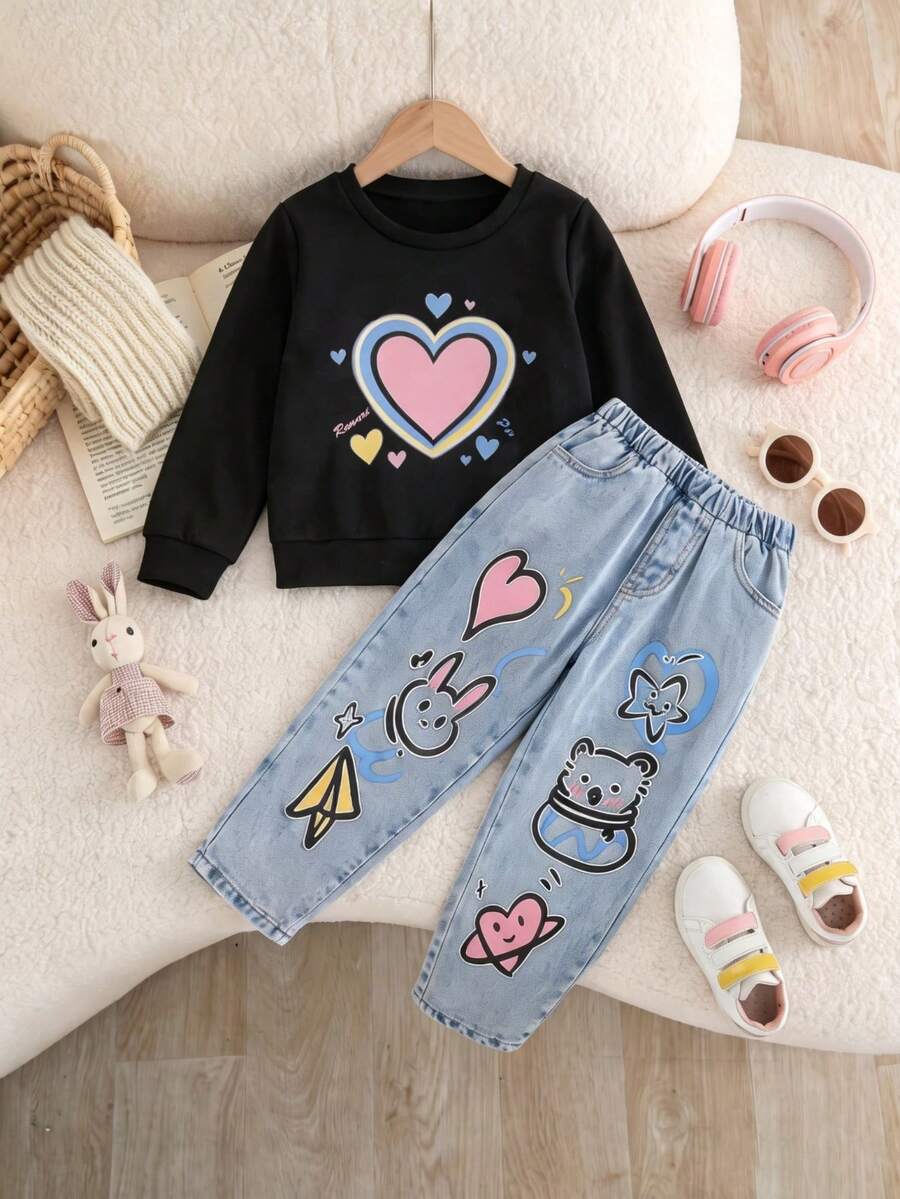 Girls' Heart Print Long Sleeve Sweatshirt & Cartoon Graffiti Denim Elastic Waist Pants Set, Sweet Cool Casual Versatile - Multicolor - View 1