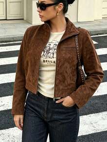 Jaket Pendek Wanita Warna Cokelat dengan Kerah Tegak dan Saku - Coklat - View 5