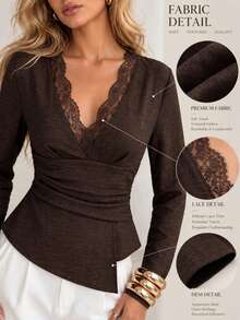 Minimalist Elegant Romantic Fashion Commuter Lace Patchwork Waist Pleated Asymmetric V-Neck Pullover Blouse, Fashion Asymmetric Wrap Pleated Detail Suitable For Spring And Autumn Wear - Coffee Brown - View 1