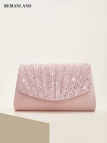 REMANLAND Romantic Blush Pink Evening Purse, Sparkling Rhinestone Embellishment On A Pleated Satin Flap, Charming Accessory For Weddings, Parties & Date Nights - Dusty Pink - View 1