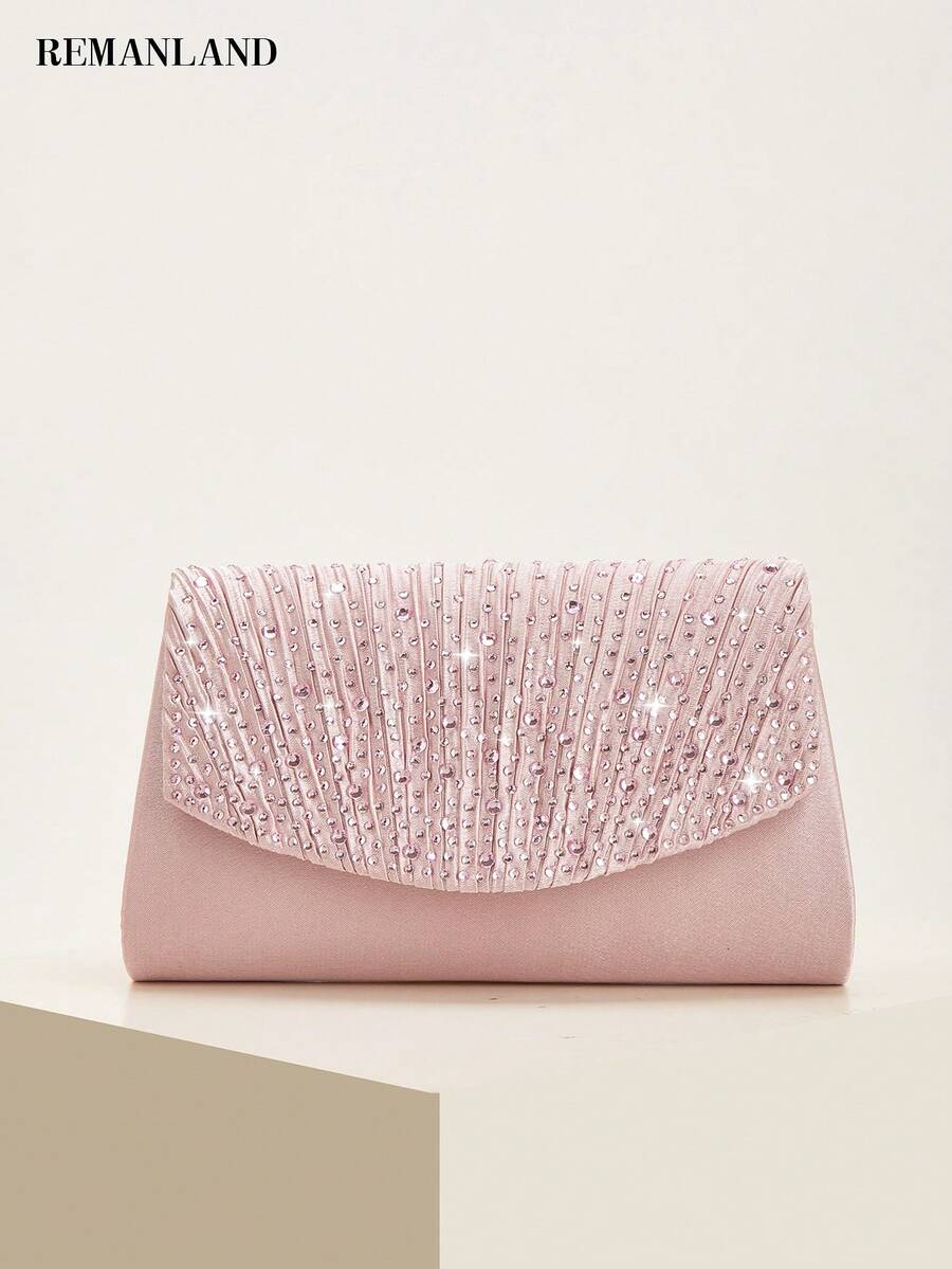 REMANLAND Romantic Blush Pink Evening Purse, Sparkling Rhinestone Embellishment On A Pleated Satin Flap, Charming Accessory For Weddings, Parties & Date Nights - Dusty Pink - View 1