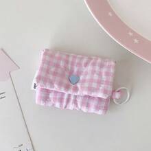 1pc Sweet Plaid Earphone Storage Pouch Heart Quilted Lipstick Bag Lightweight Earbud Holder Bag With Key Ring Portable Mini Coin Purse & Earbud Case - Multicolor - View 13