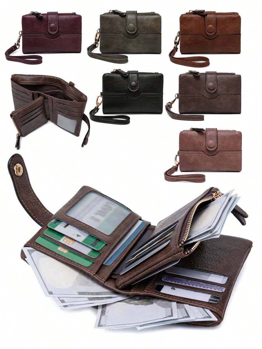 FOREVER MIYIN Vintage Bifold Wallet For Women, Snap Button Short Purse With Wrist Strap, Multi Card Slots And ID Window With Zipper Coin Pocket Ideal For Daily Use