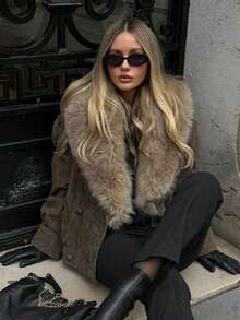 Winter Faux Fur Coat, Natural Women's High-Quality Genuine Leather Jacket With Oversized Faux Fur Collar, Luxury Style - Khaki - View 7