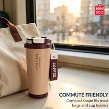 MINISO Water Cup, Coffee Cup, Simple And Elegant, 530ML Heart Polka Dot Pattern Coffee Cup, With Straw, New Autumn Winter Thermal Model; Valentine's Day Gift. - Coffee Brown - View 5