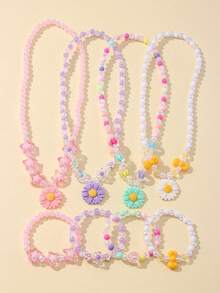 8pcs Kids Jewelry Cute Daisy Charm Colorful Beaded Necklace & Bracelet Set, Suitable For Girls Accessories Daily Party Wear Birthday Gift Random Colors - Multicolor - View 8