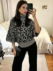 女款休閒秋冬純灰色高領蝙蝠袖針織上衣，收腰紋理設計，日常通勤辦公穿搭套頭衫 - 灰色 - 查看 5