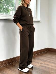 2pcs Falloutfits Women's Sports Set, Fashionable Comfortable Colorblock Jacket & Casual Pants, Suitable For Autumn/Winter - Dark Brown - View 5