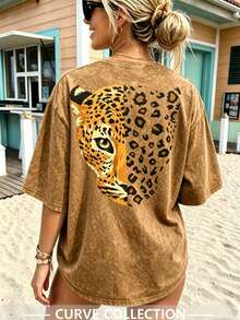 Summer Casual Loose Digital Print Leopard Pattern Women Plus Size Short Sleeve Fashion Leopard Print T-Shirt - Brown - View 2