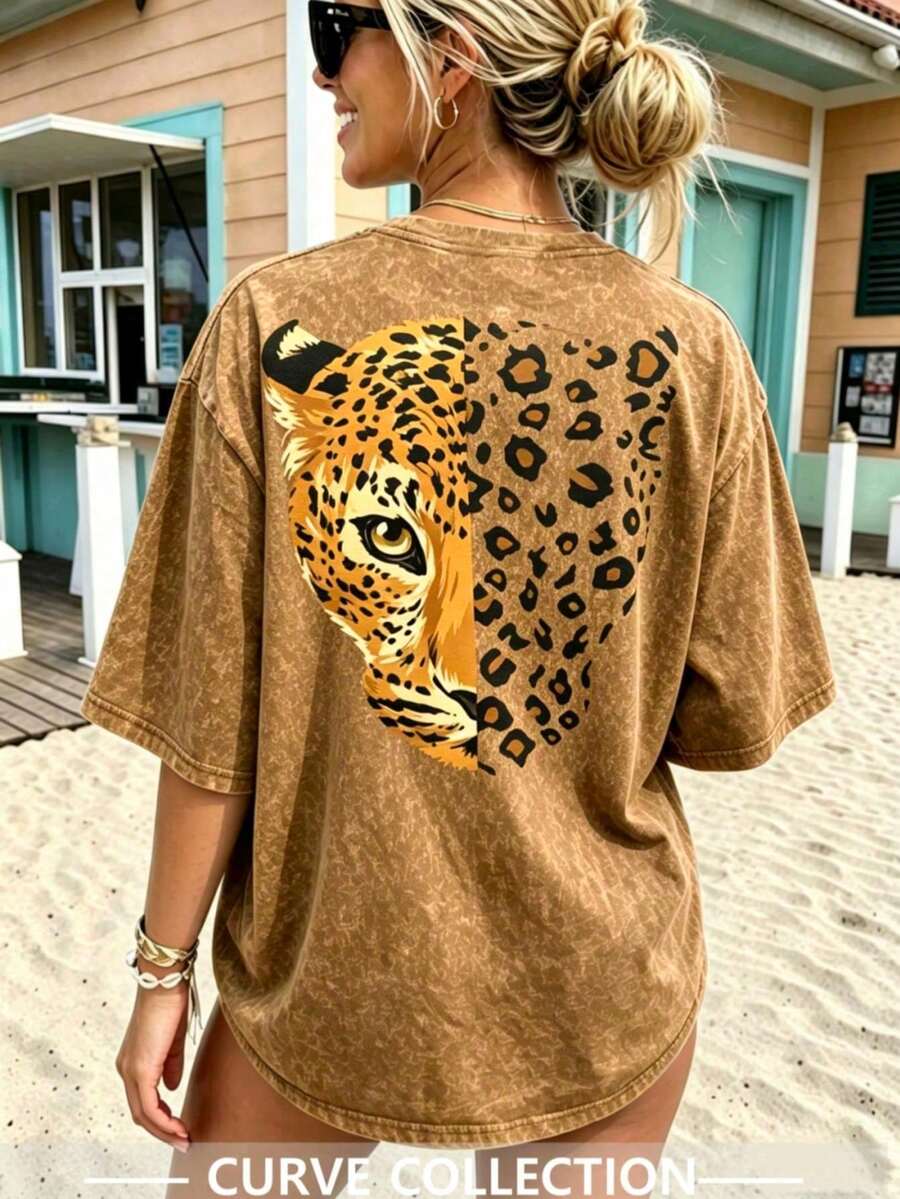 Summer Casual Loose Digital Print Leopard Pattern Women Plus Size Short Sleeve Fashion Leopard Print T-Shirt