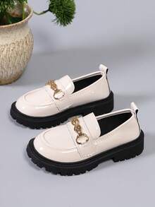 Girls' Cool Street Style Loafers, Classic Apricot Glossy Slip-On Casual Shoes, Suitable For Dinner Events And Everyday Occasions - Apricot - View 5
