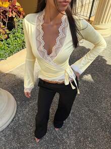 Autumn/Winter New Women's Fashion Elegant Versatile Solid Color Lace Patchwork V-Neck Long Sleeve Casual Top - Light Yellow - View 6