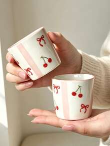 1pc/2pcs/4pcs Korean Ins Style Cute Hand-Painted Mini Ceramic Cups, Fresh Strawberry Cherry Heart Flower Small Coffee Cups, Kawaii Porcelain Tea Cups For Home Kitchen, Girls Gift, Microwave , Espresso Cups - Multicolor - View 6