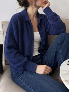 minisummer Women Elegant Fall Fuzzy Collared Knit Cardigan Long Sleeve, Fall Outfit For Women, Soft Plush Sweater Jacket For Daily Office - Navy Blue - View 8