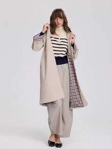 French Vintage Old Money Style Single-Breasted Long Trench Coat Plaid Colorblock Cuffed Sleeve Jacket - Khaki - View 11