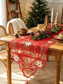1pc 100% Polyester Red Sheer Embroidery Christmas Table Runner, Bell & Poinsettia Pattern Tassel Table Scarf, Holiday Dining Table Decor For Xmas Party Home Decoration - Red - View 10
