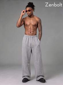 ZenBolt Winter Men's American Vintage Fleece-Lined Wide-Leg Sweatpants Featuring A Drawstring Elastic Waist And Distinctive Curved Seam Detailing. - Light Grey - View 4